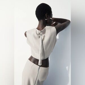 COS Atelier Cropped Wool Sleeveless Top w/ Leather Tassel, Cream Size 8